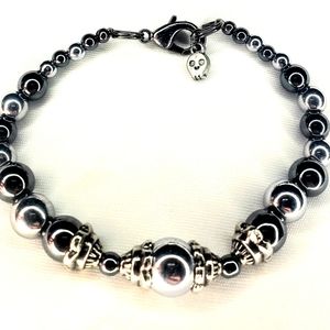 Skull Charm Hematite Silver and Gun Metal Grey Color Bracelet